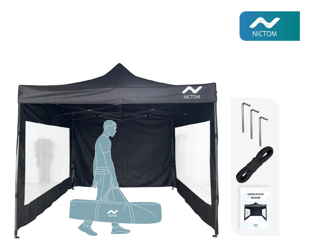 Gazebo Plegable 3x3 m con 3 Paredes Impermeable Nictom Negro
