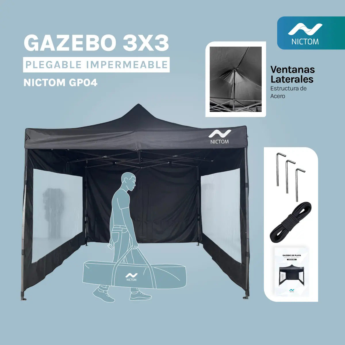 Gazebo Plegable 3x3 m con 3 Paredes Impermeable Nictom Negro