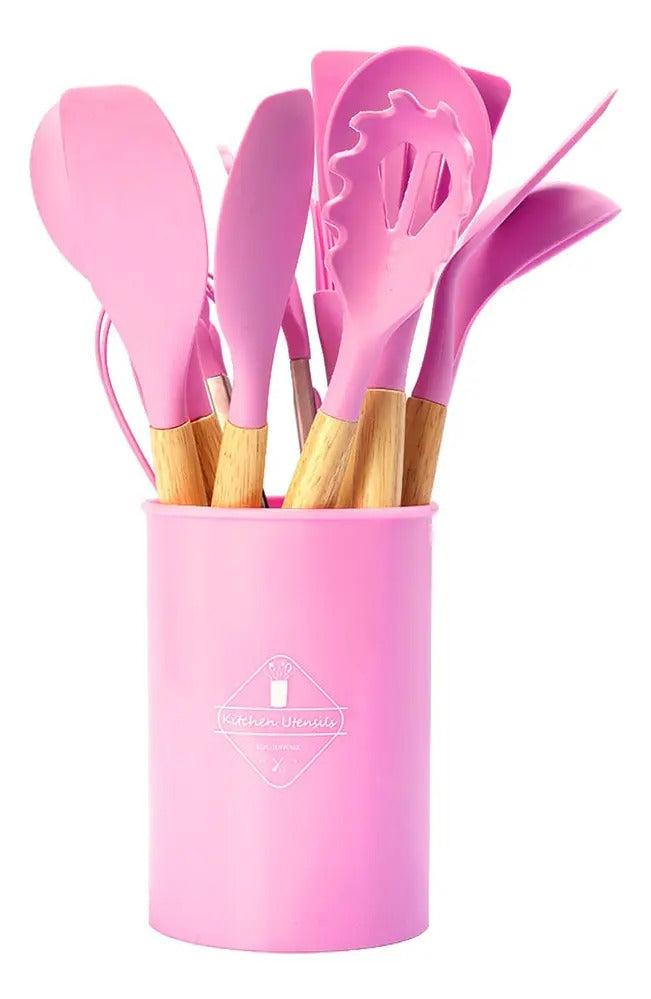 Juego x12 Utensilios de Silicona con Mango de Bambú