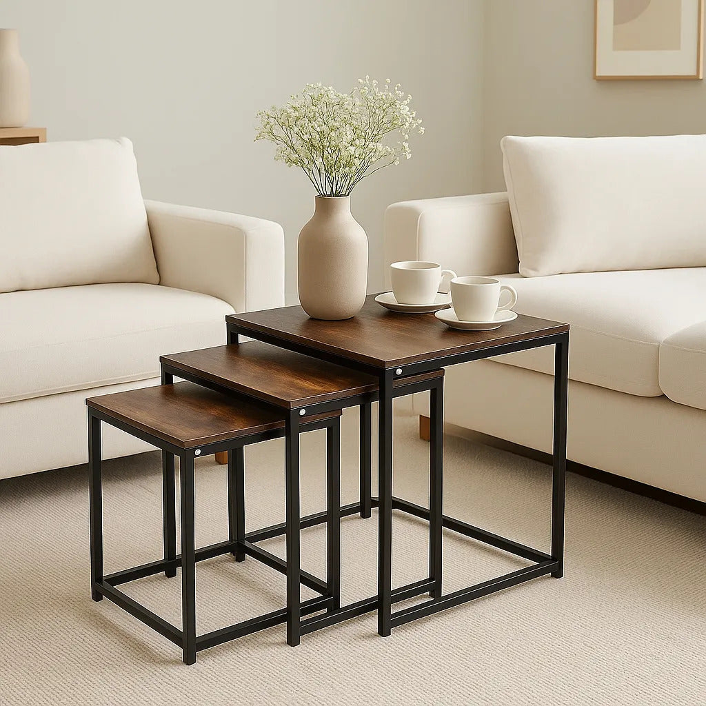 Set x3 Mesas de Centro Ambi O en Acero y MDF Marrón y Negro