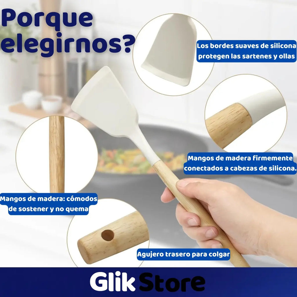 Set x12 Utensilios de Cocina de Silicona con Recipiente