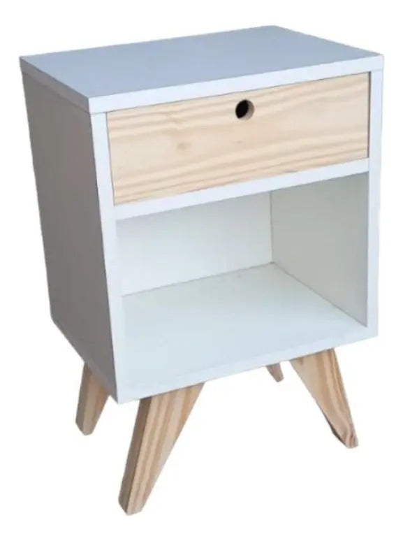 Mesa de Luz Retro Nórdica Melamina Blanca 18 mm con Cajón