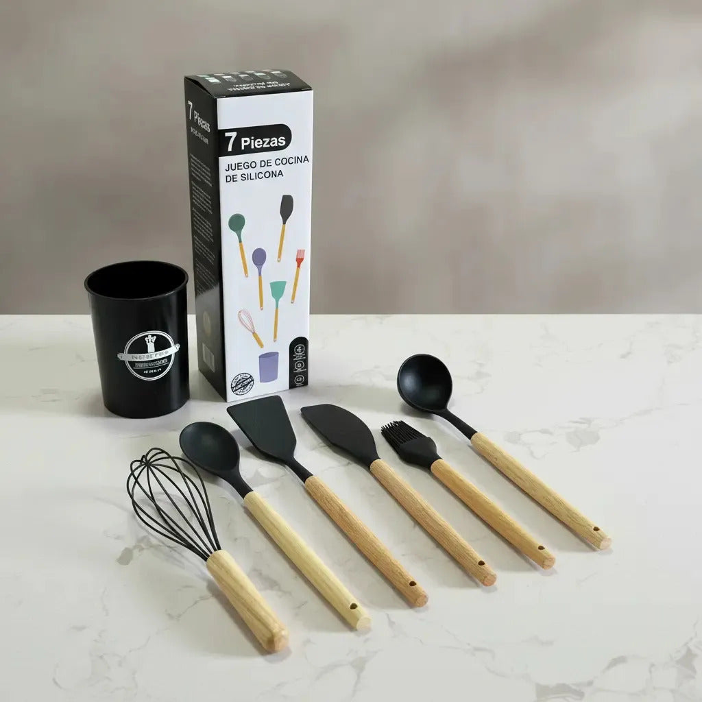 Set x7 Utensilios de Cocina Newtek Mango Madera Rojo