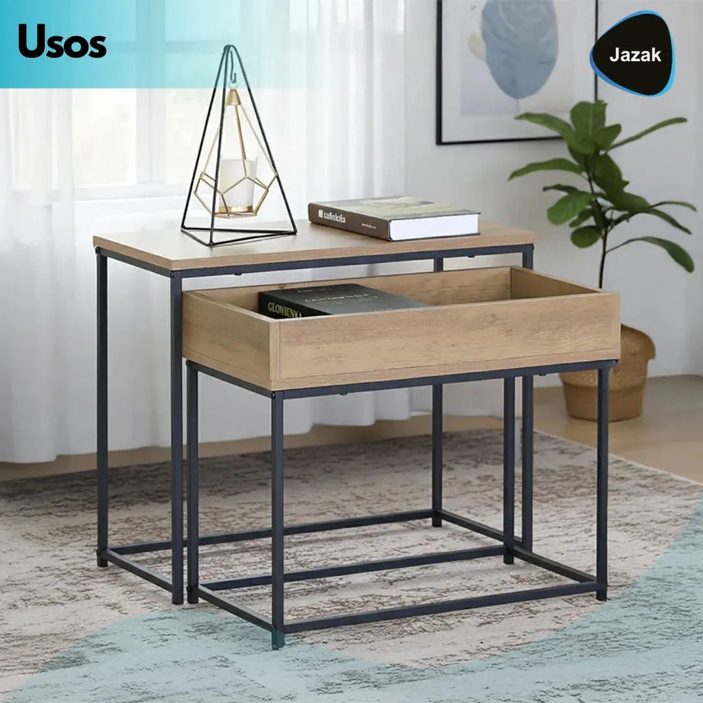 Set x2 Mesas Nido Jazak Auxiliares de Madera y Hierro