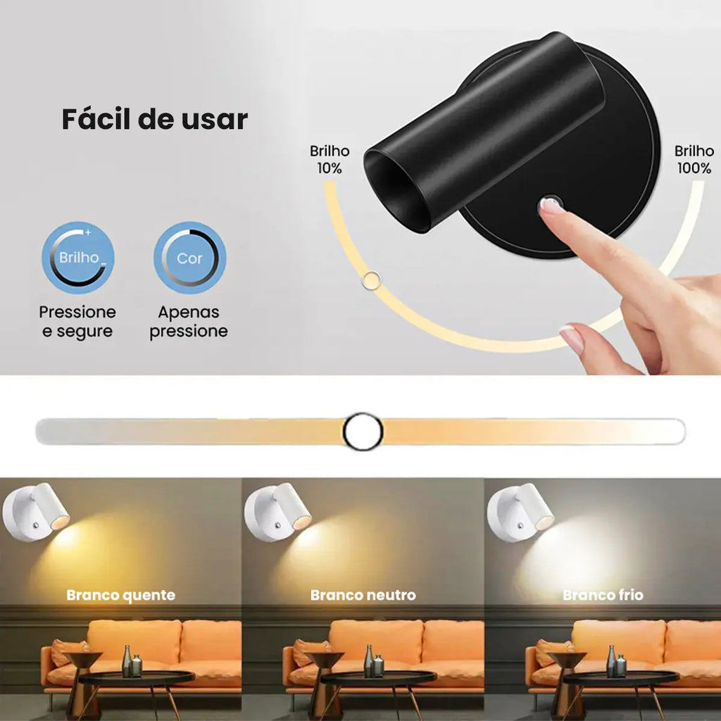 Luz LED Magnética Táctil Recargable USB para Pared Negro