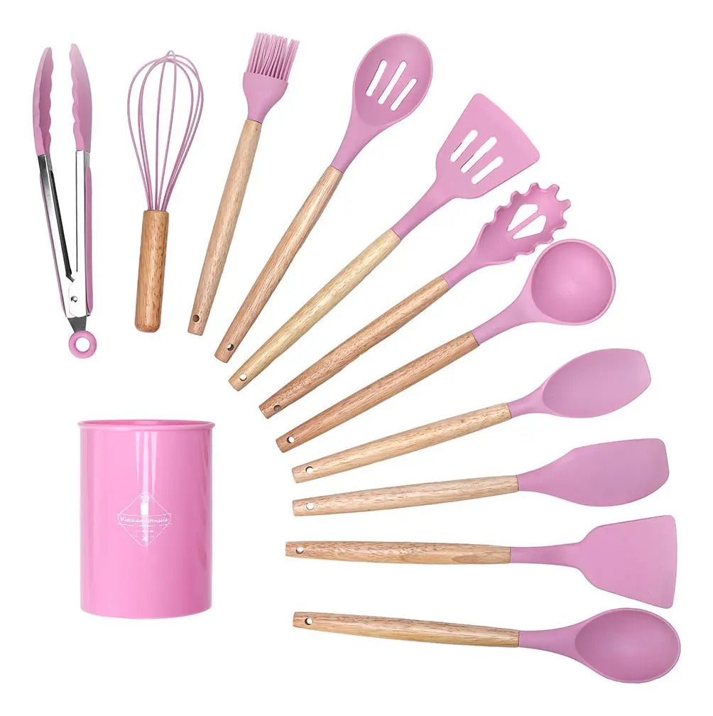 Juego x12 Utensilios de Silicona con Mango de Bambú