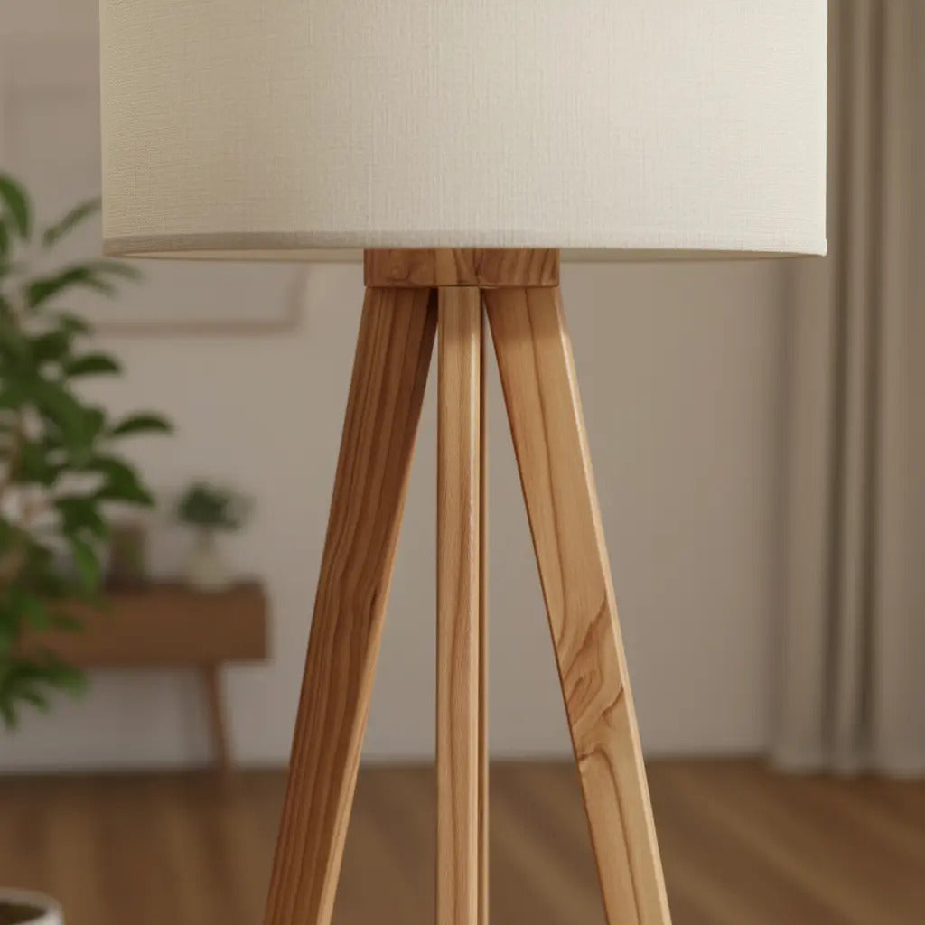 Lámpara de Pie Trípode Nórdica de Madera con Pantalla de Lino