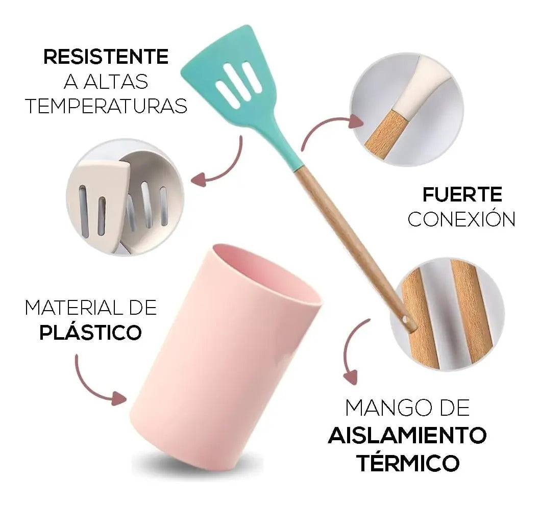 Set x12 Utensilios de Cocina Mango de Madera y Punta de Silicona
