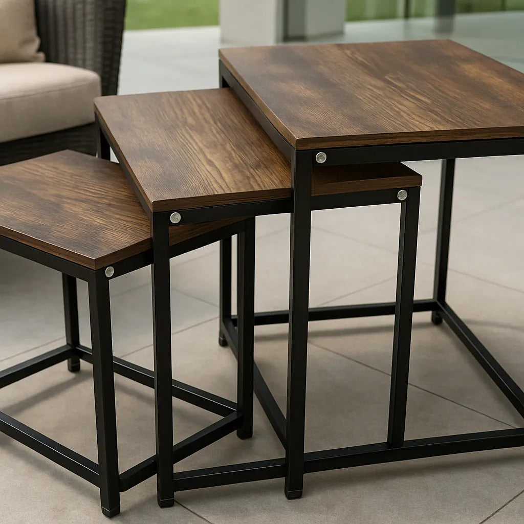 Set x3 Mesas de Centro Ambi O en Acero y MDF Marrón y Negro
