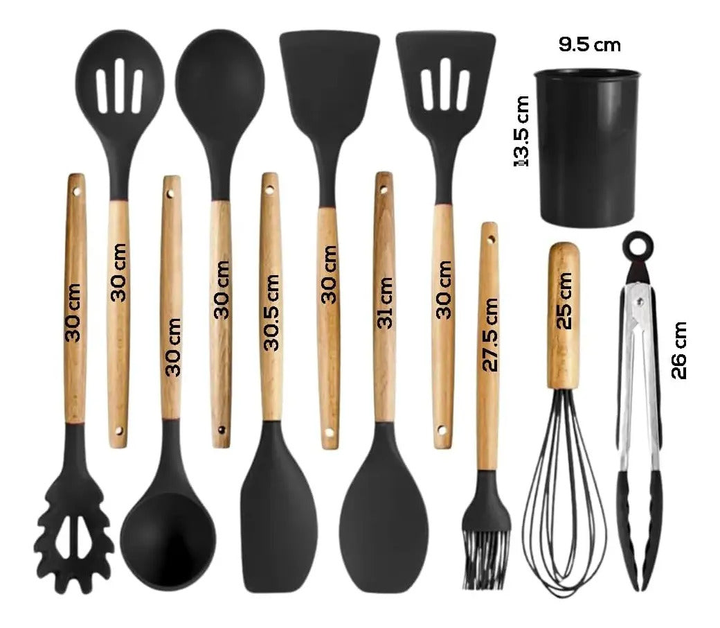 Set x12 Utensilios de Cocina Mango de Madera y Punta de Silicona