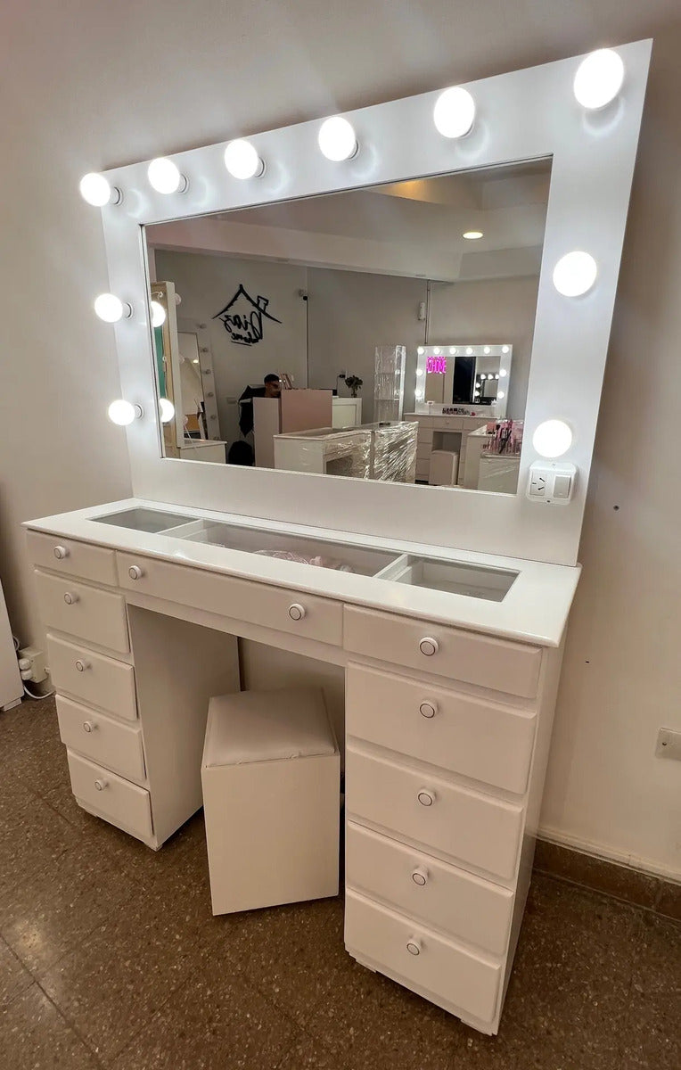 Mueble Tocador Hollywood 1,20 m con Espejo LED y Puff