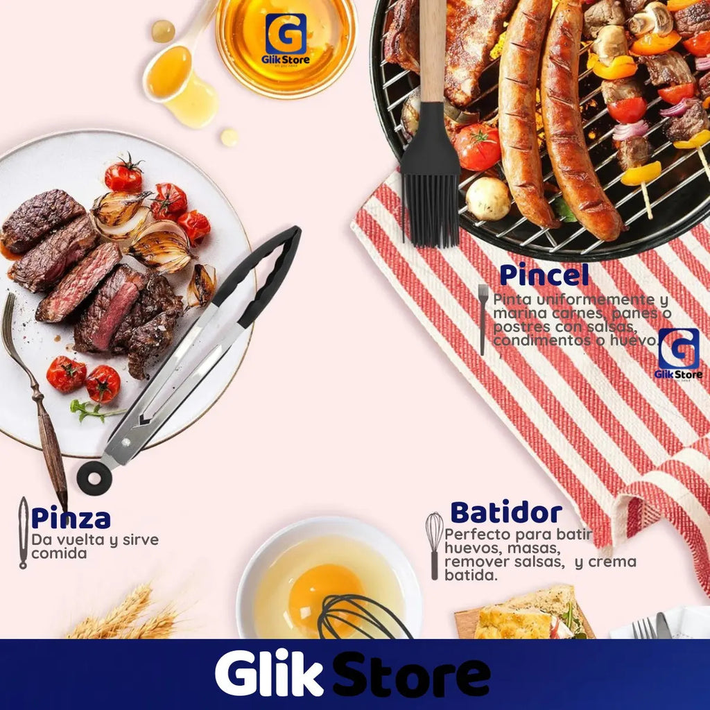 Set x12 Utensilios de Cocina de Silicona con Recipiente