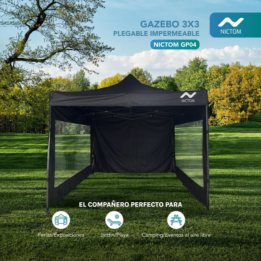 Gazebo Plegable 3x3 m con 3 Paredes Impermeable Nictom Negro