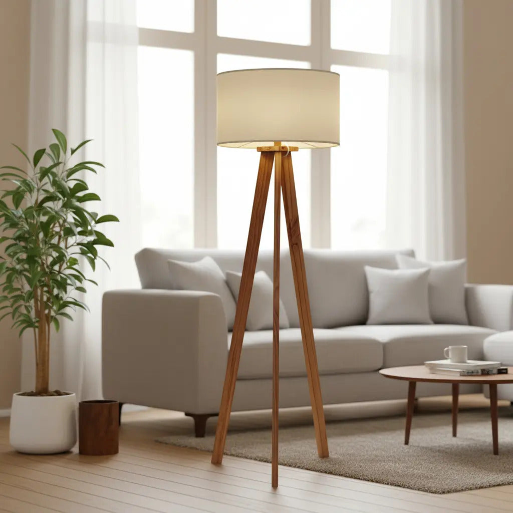 Lámpara de Pie Trípode Nórdica de Madera con Pantalla de Lino