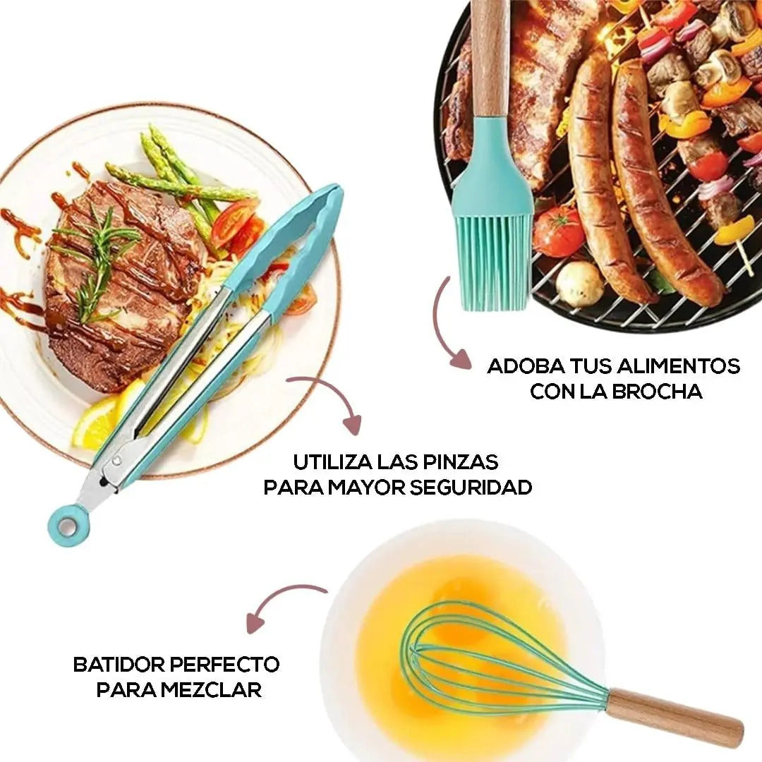 Set x12 Utensilios de Cocina Mango de Madera y Punta de Silicona