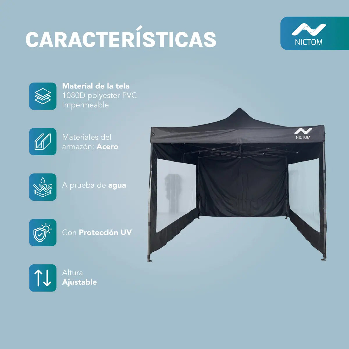 Gazebo Plegable 3x3 m con 3 Paredes Impermeable Nictom Negro