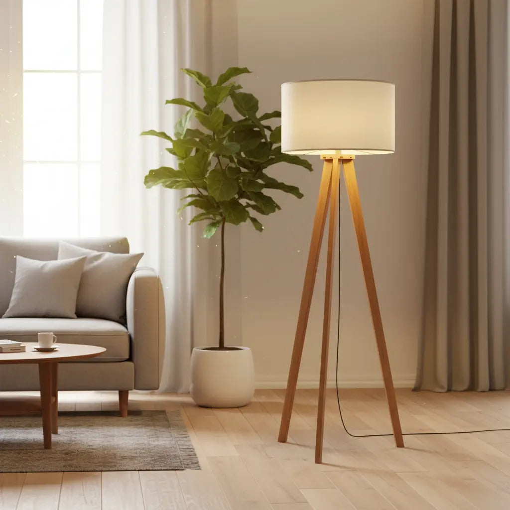 Lámpara de Pie Trípode Nórdica de Madera con Pantalla de Lino