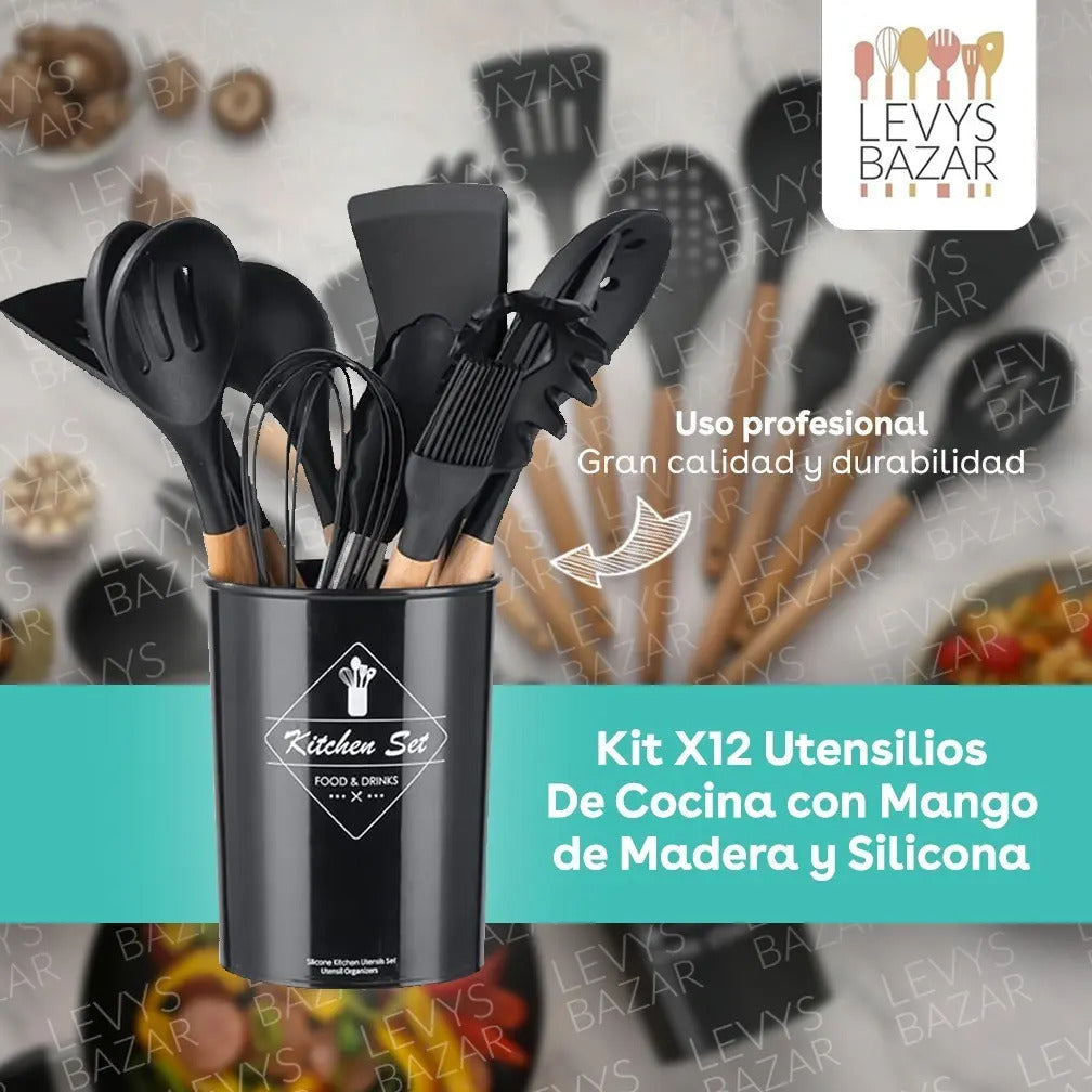 Set x12 Utensilios de Cocina Mango de Madera y Punta de Silicona