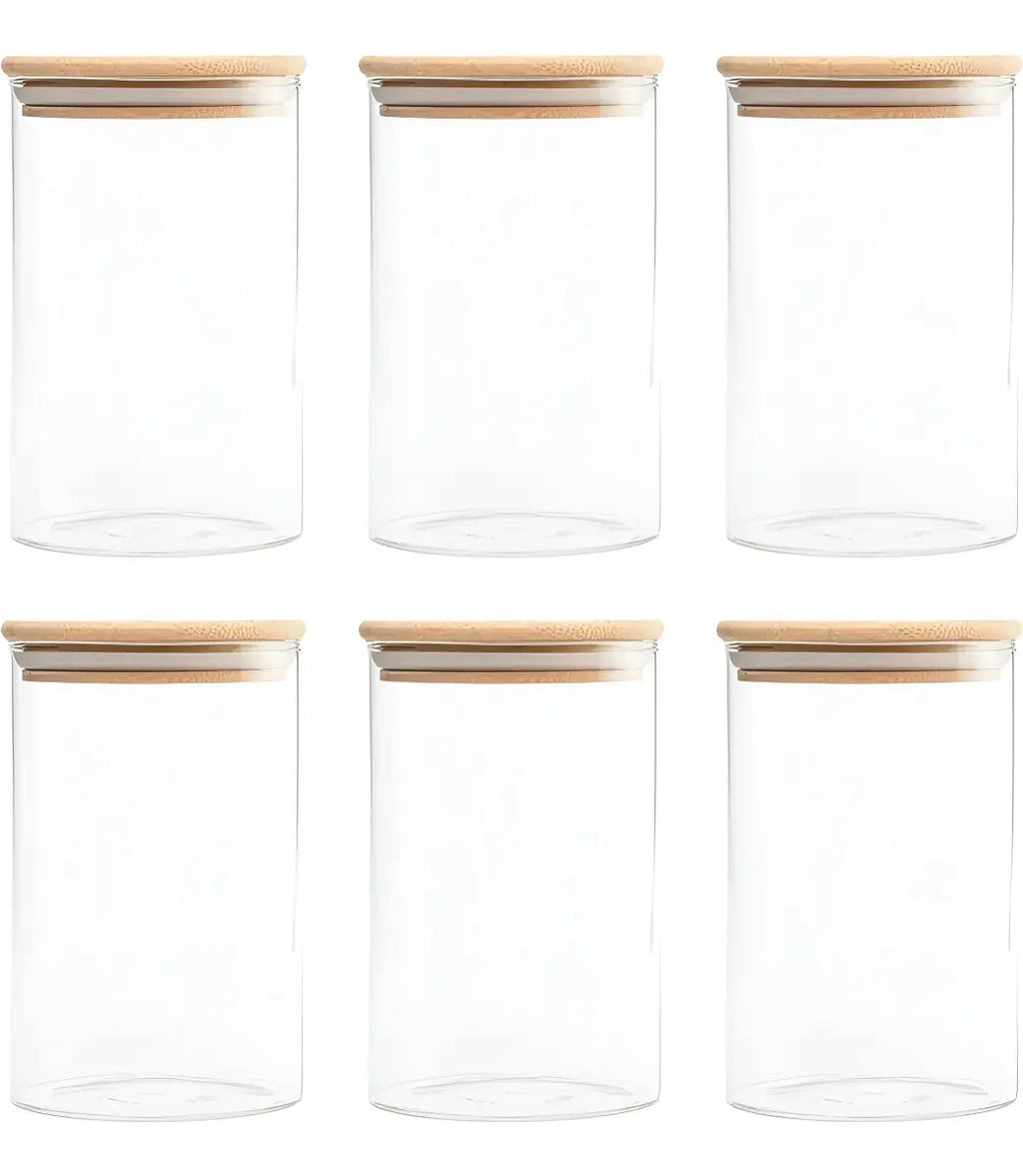 Pack x6 Frascos de Vidrio 600 ml con Tapa Hermética de Bambú