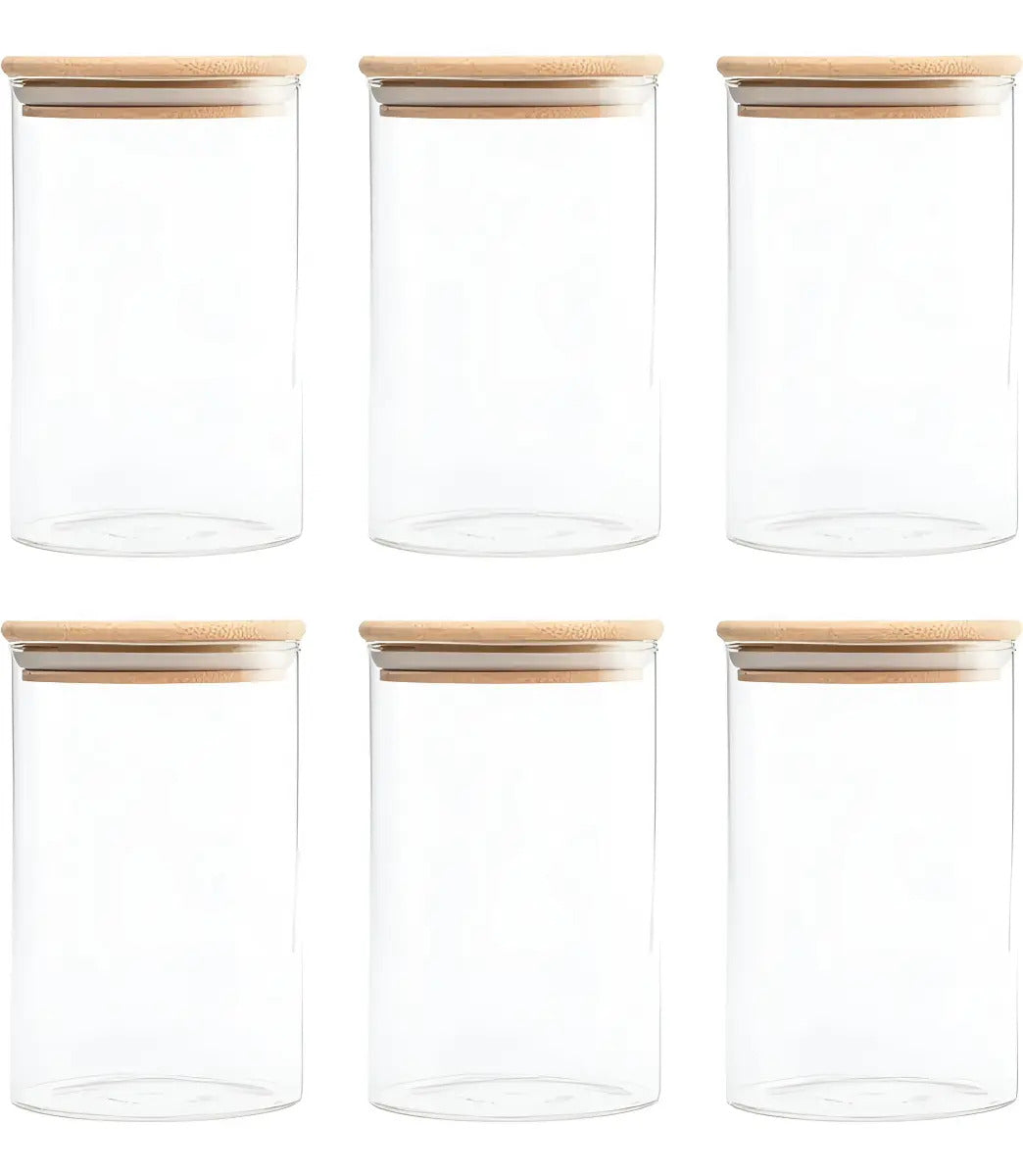 Pack x6 Frascos de Vidrio 600 ml con Tapa Hermética de Bambú