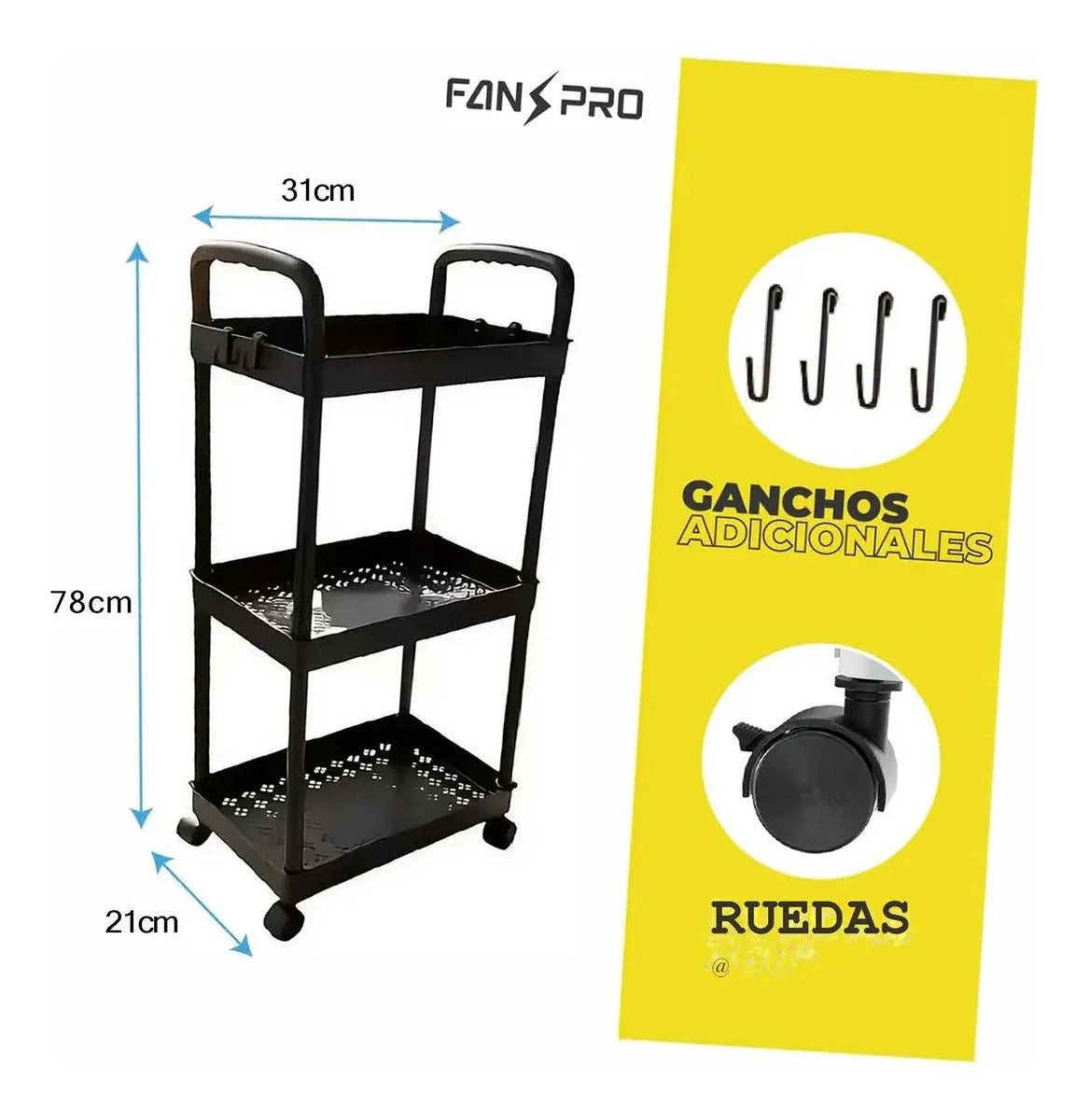 Carrito Organizador con Ruedas Fan Pro Negro