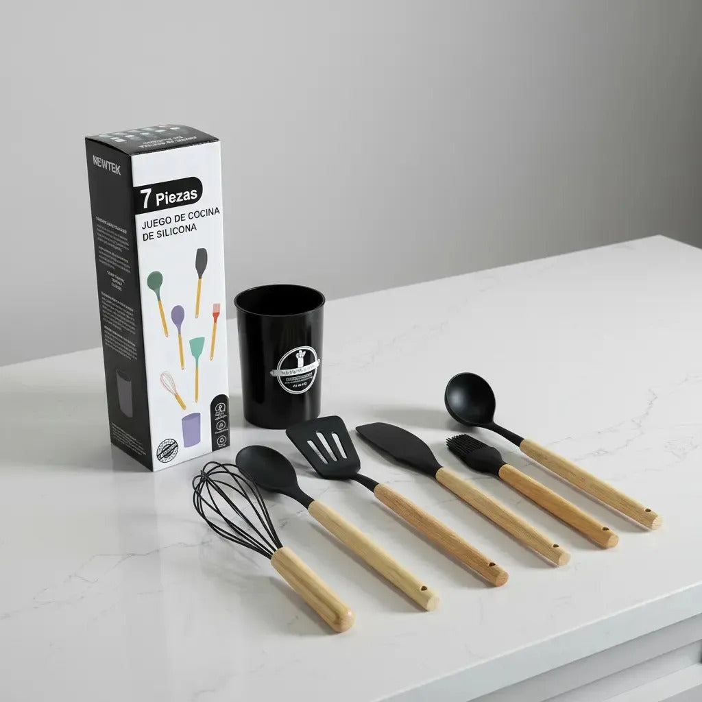 Set x7 Utensilios de Cocina Newtek Mango Madera Rojo