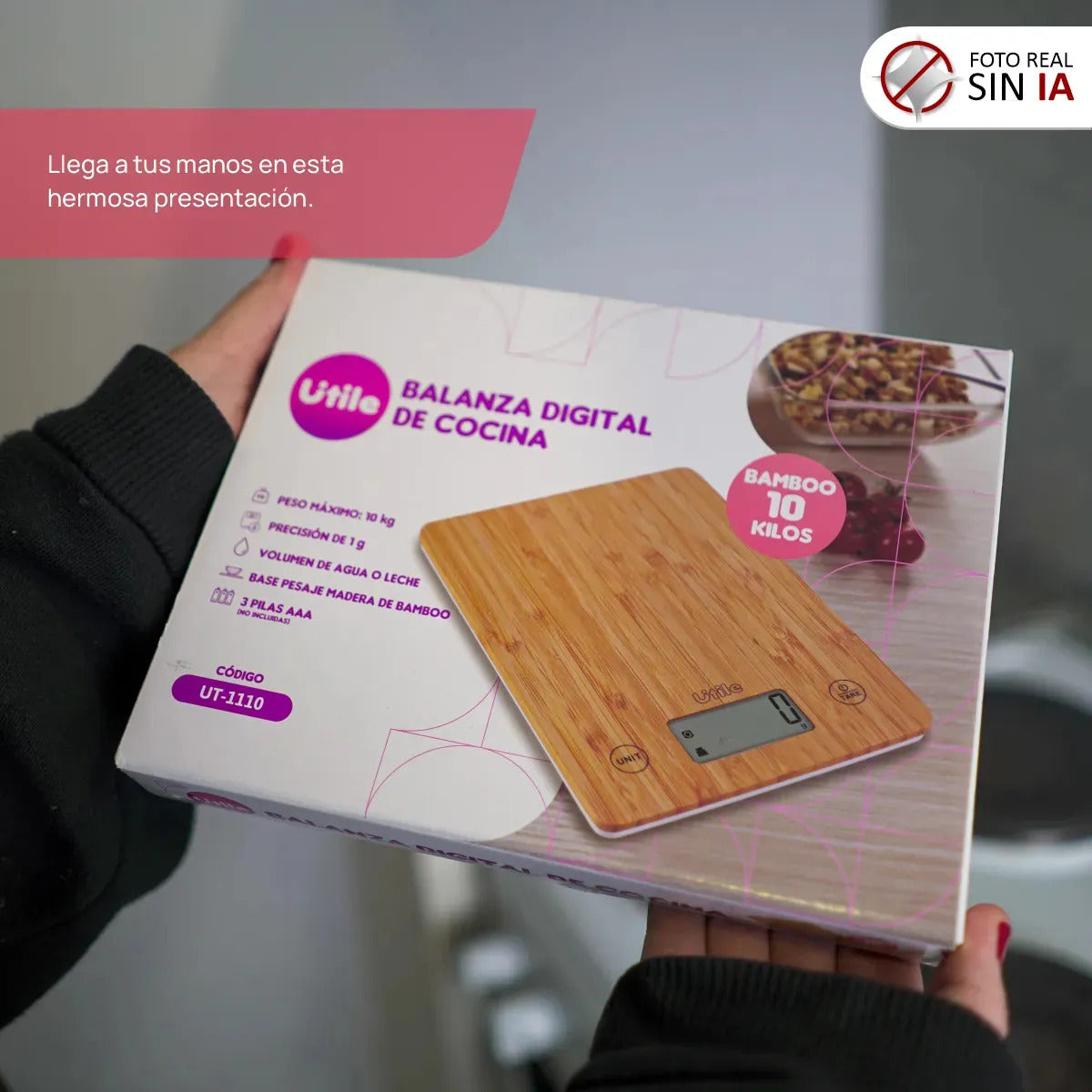 Balanza de Cocina Digital 10 kg con Plataforma de Bambú