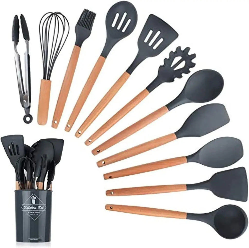 Set x12 Utensilios de Cocina Mango de Madera y Punta de Silicona