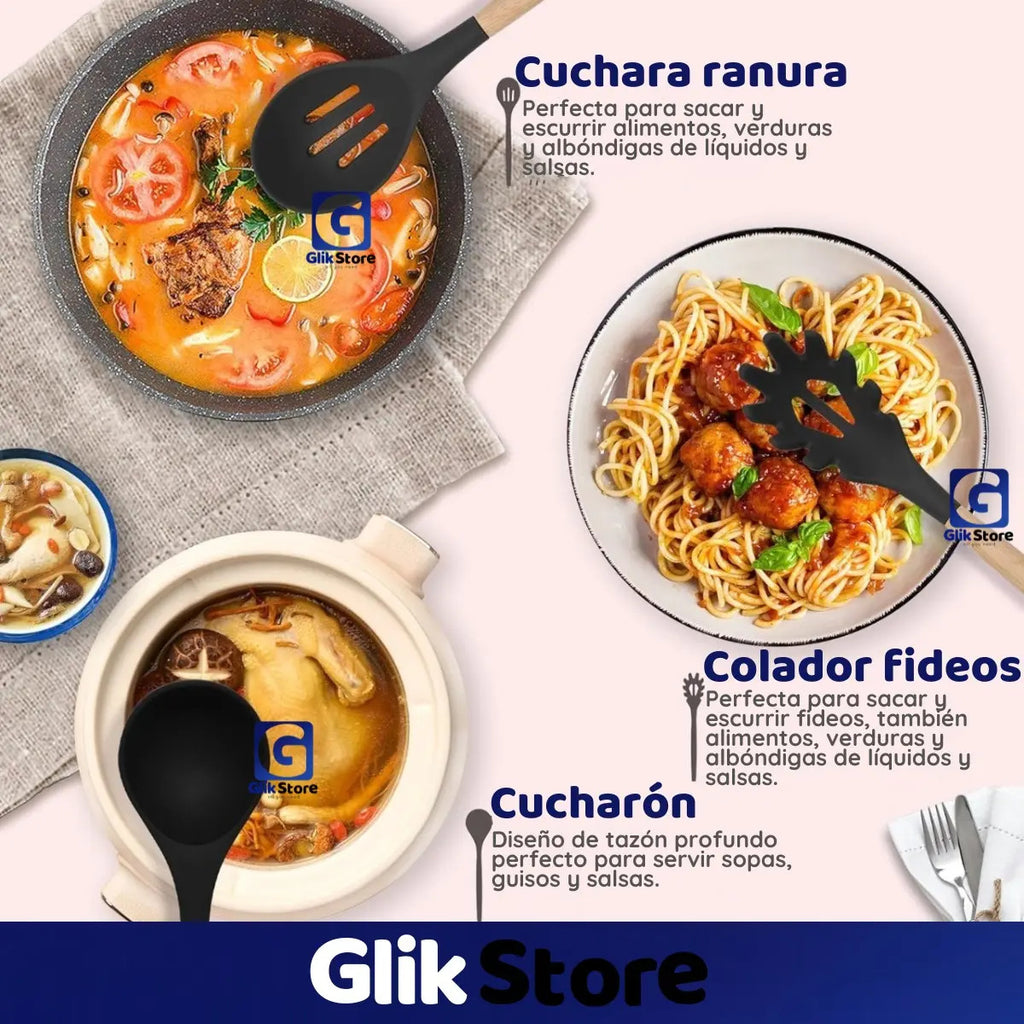 Set x12 Utensilios de Cocina de Silicona con Recipiente