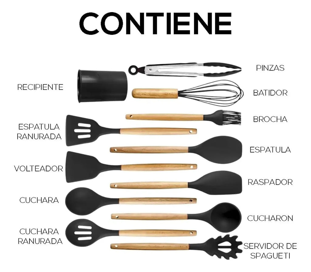 Set x12 Utensilios de Cocina Mango de Madera y Punta de Silicona