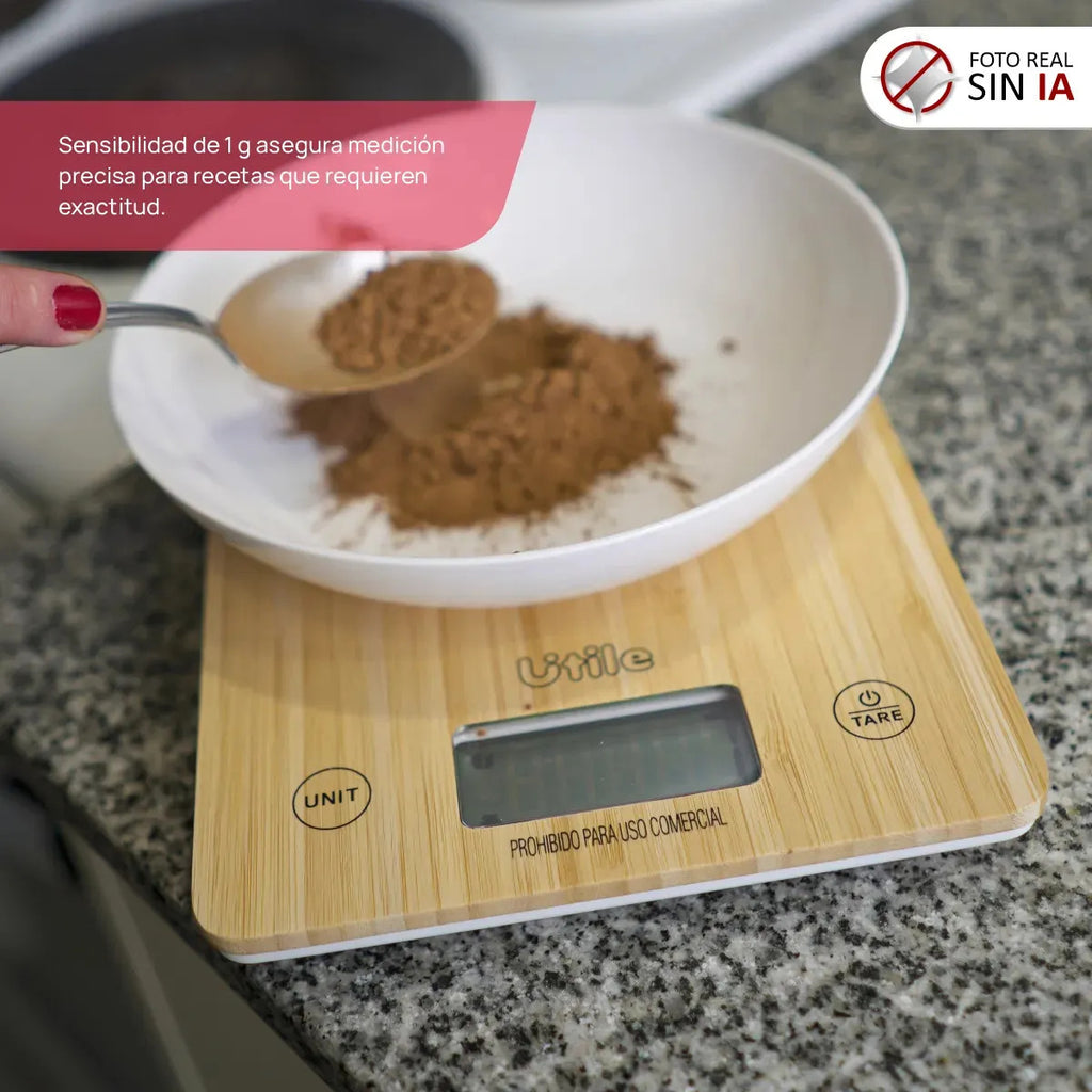 Balanza de Cocina Digital 10 kg con Plataforma de Bambú