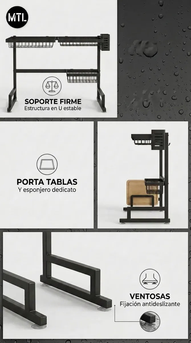 Escurridor Secaplatos MTL 65 cm Sobre Bacha 2 Niveles Negro