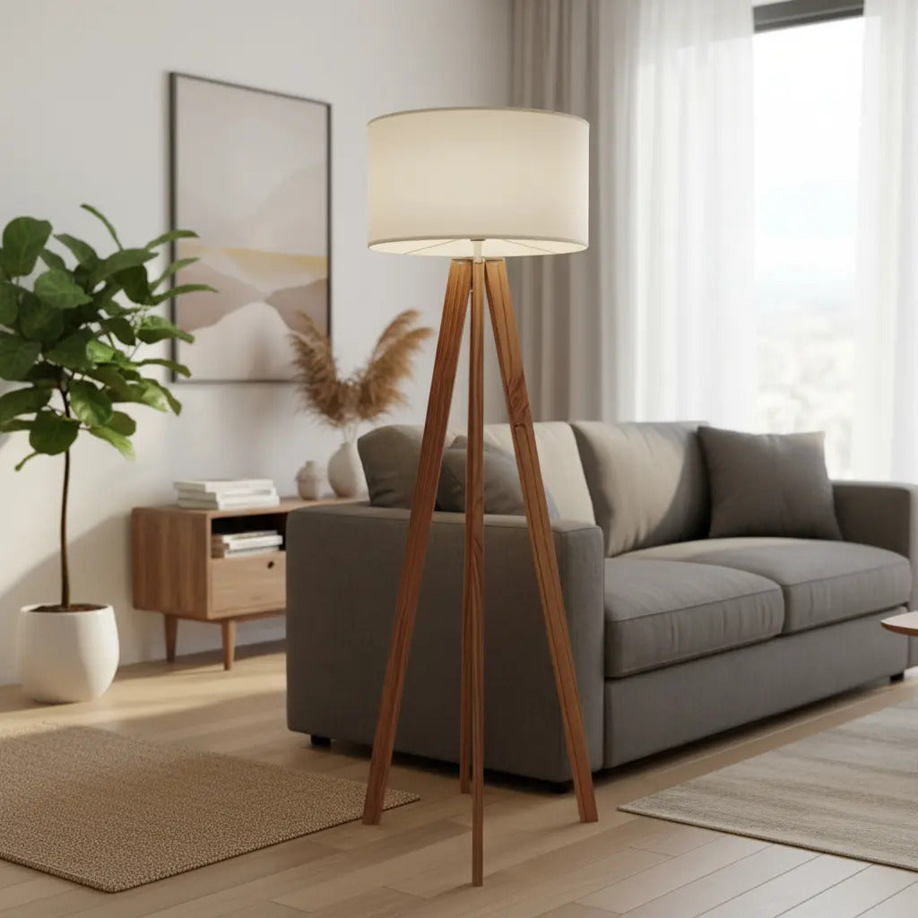 Lámpara de Pie Trípode Nórdica de Madera con Pantalla de Lino