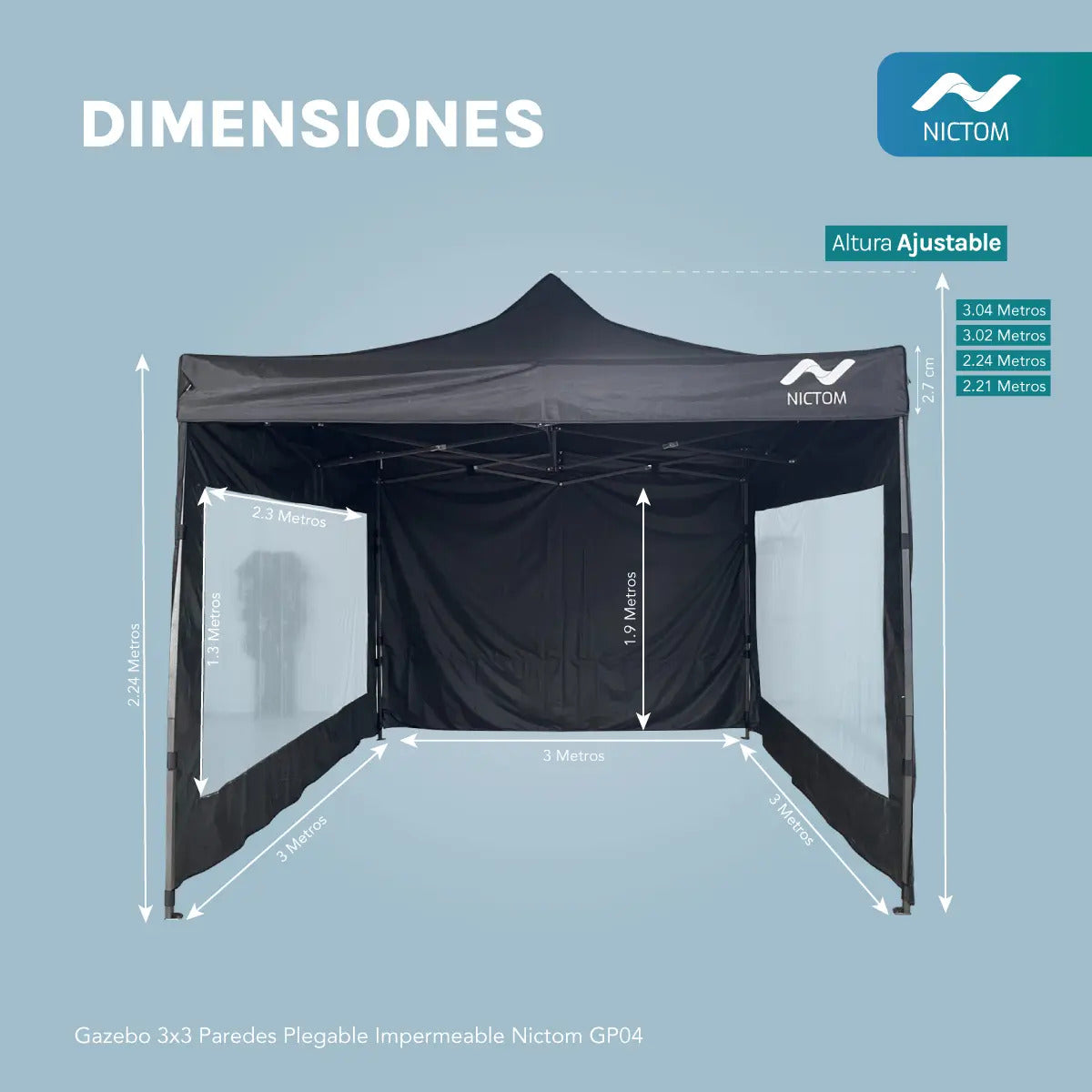 Gazebo Plegable 3x3 m con 3 Paredes Impermeable Nictom Negro