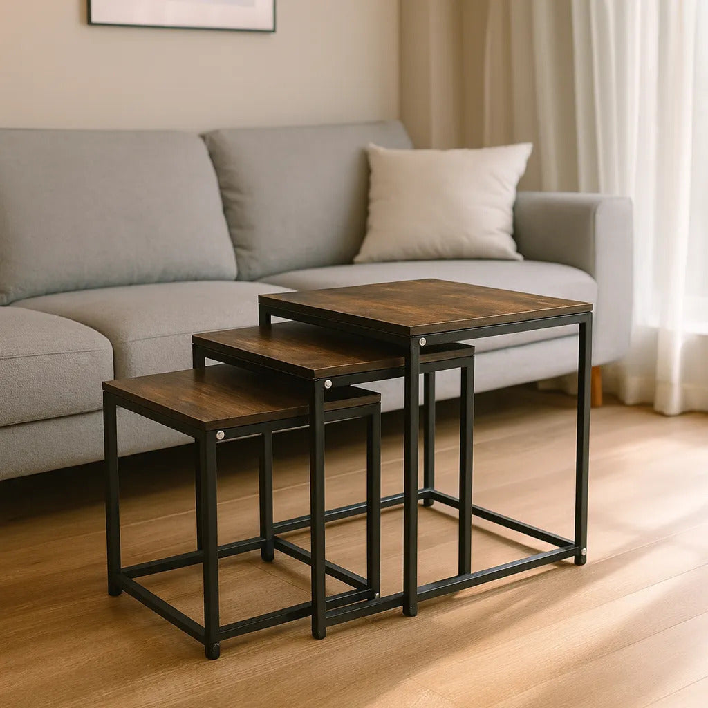 Set x3 Mesas de Centro Ambi O en Acero y MDF Marrón y Negro