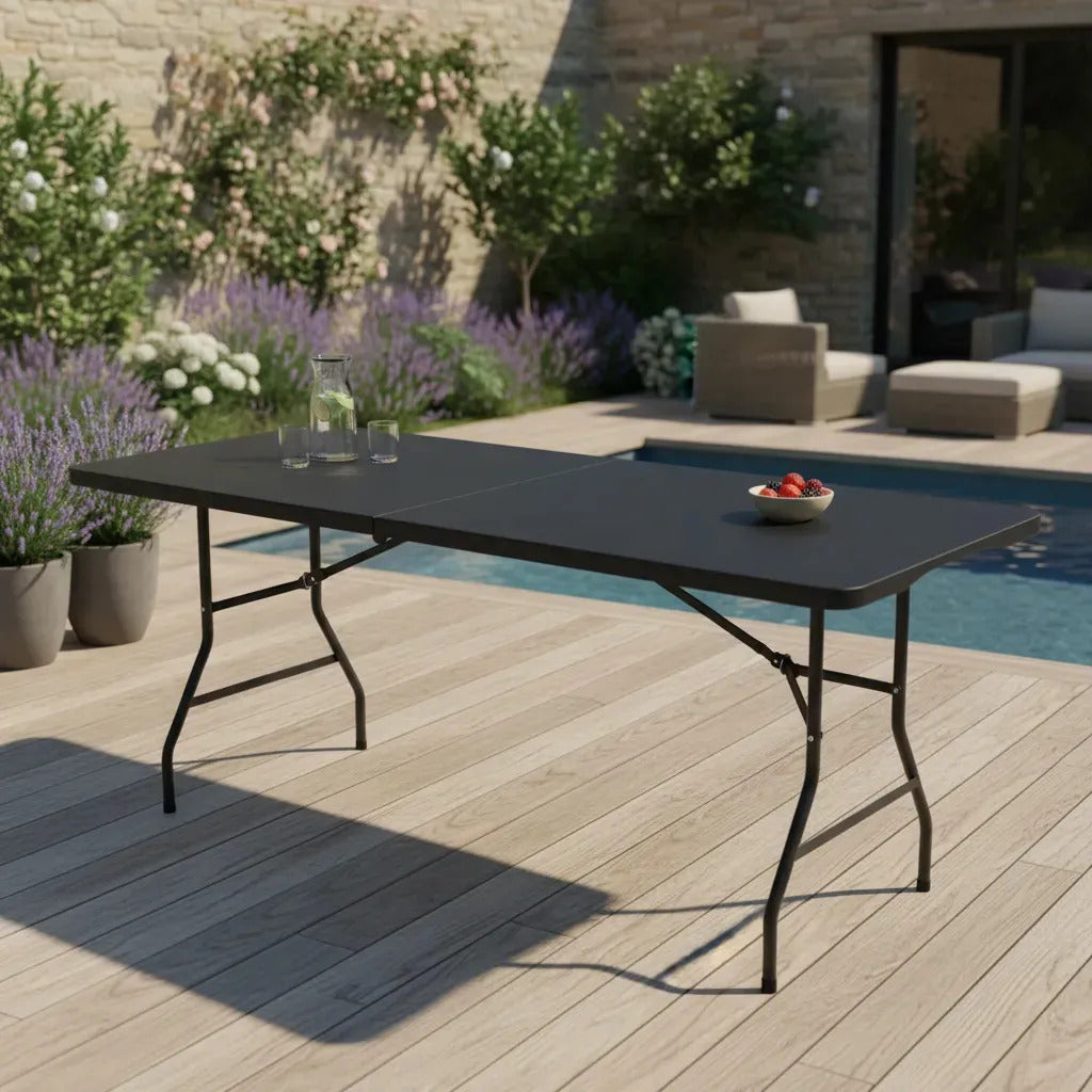 Mesa Plegable Exterior 180 cm Polipropileno y Hierro Negro