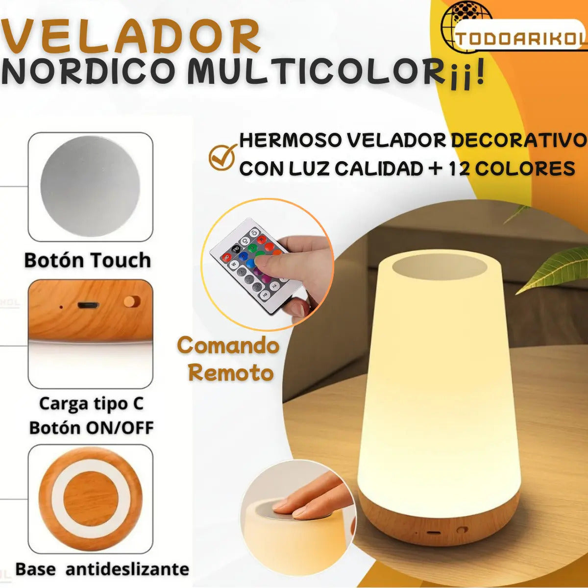 Velador Nórdico LED Táctil Recargable con Control Remoto
