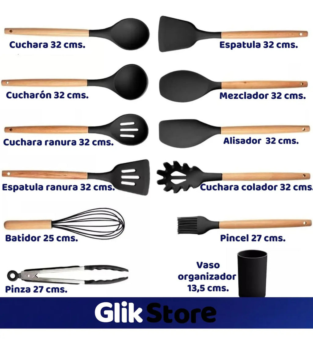 Set x12 Utensilios de Cocina de Silicona con Recipiente