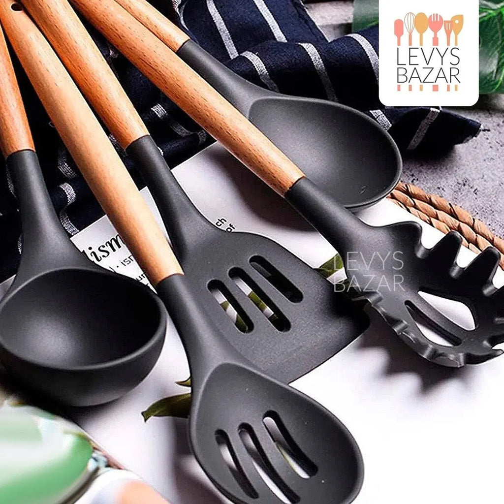 Set x12 Utensilios de Cocina Mango de Madera y Punta de Silicona