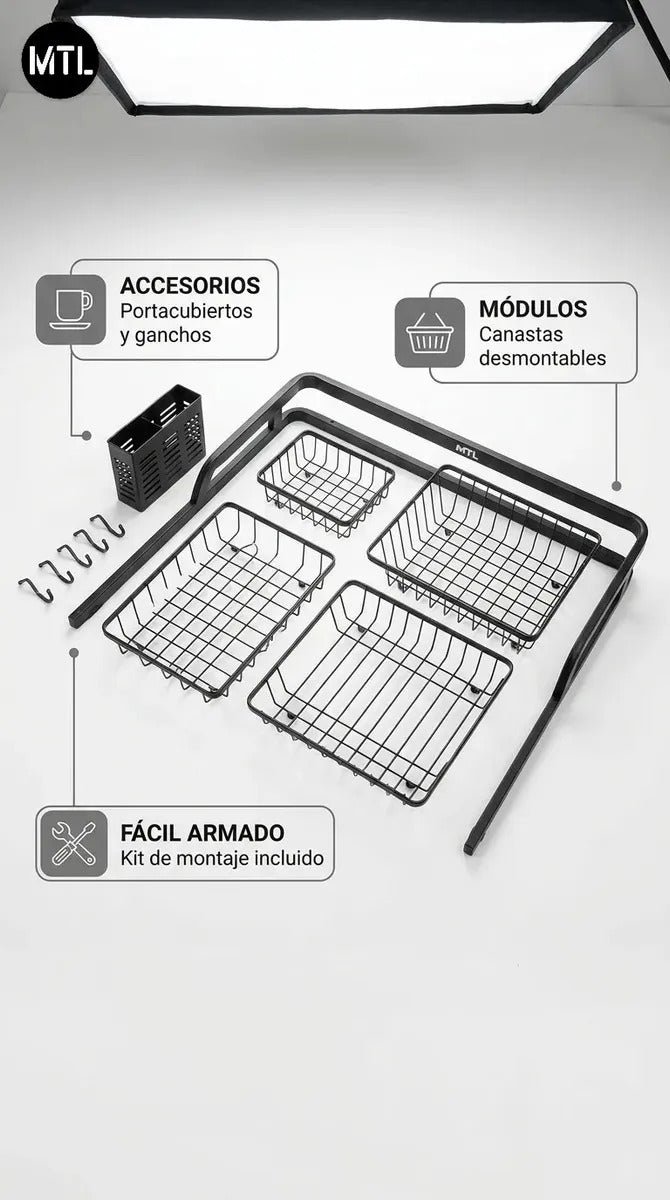 Escurridor Secaplatos MTL 65 cm Sobre Bacha 2 Niveles Negro