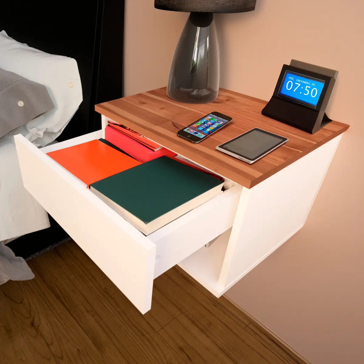 Set x2 Mesas de Luz Flotantes Koa con Cajón — Blanco Paraíso