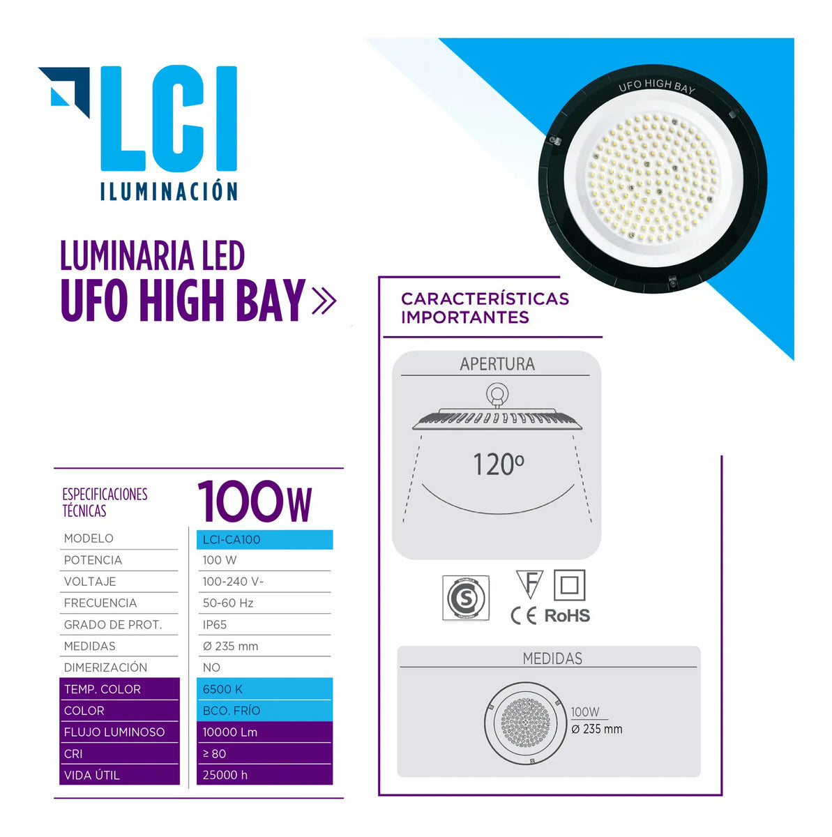 Lámpara LED Galponera Industrial UFO 100W Luz Fría 6500K