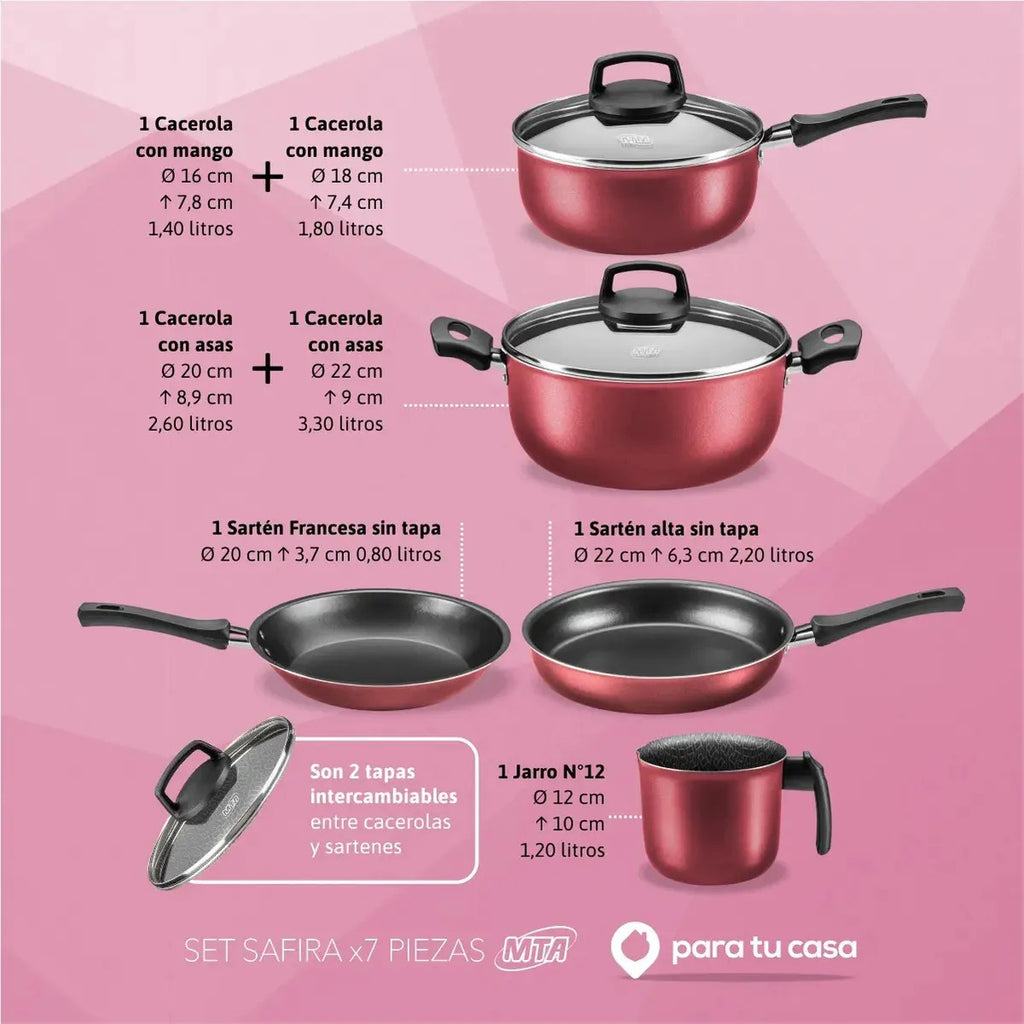Batería de Cocina Safira MTA 7 Piezas Antiadherente Rojo