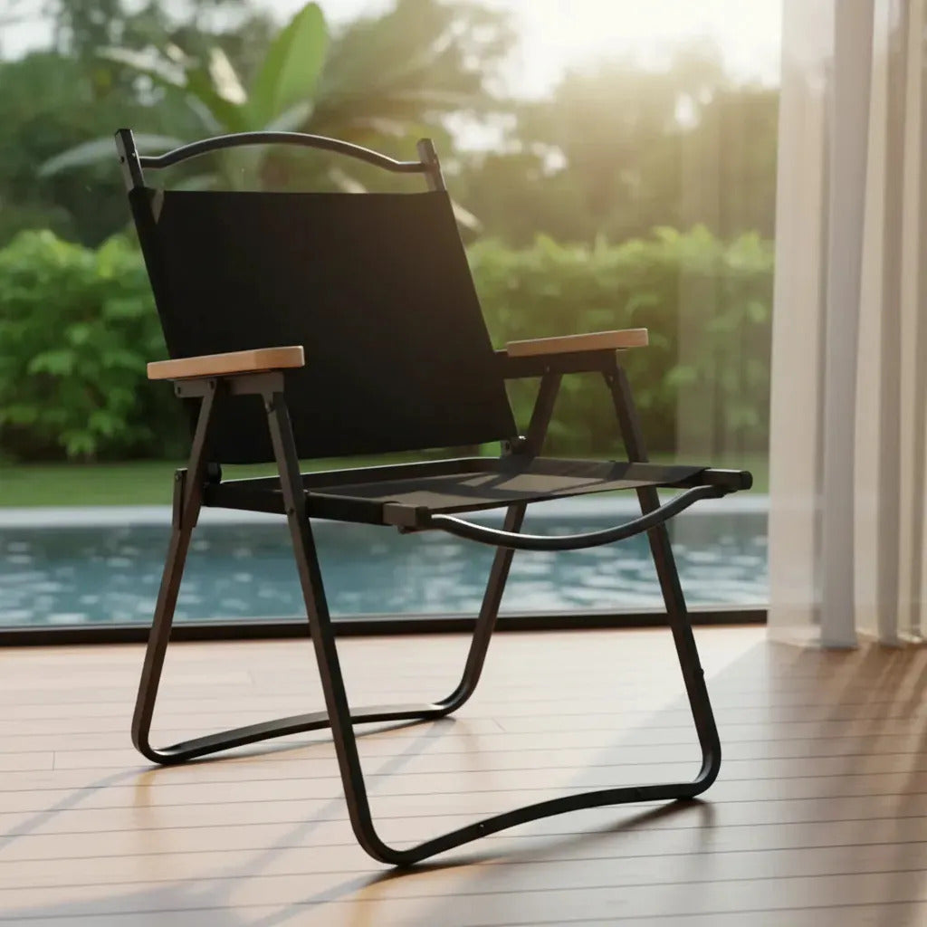 Reposera Playera Plegable con Apoyabrazos de Madera Negro