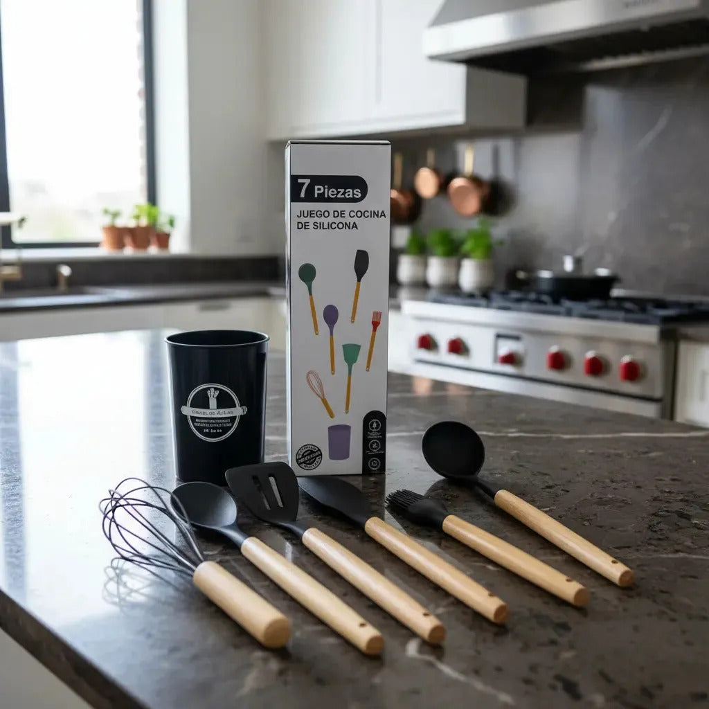 Set x7 Utensilios de Cocina Newtek Mango Madera Rojo