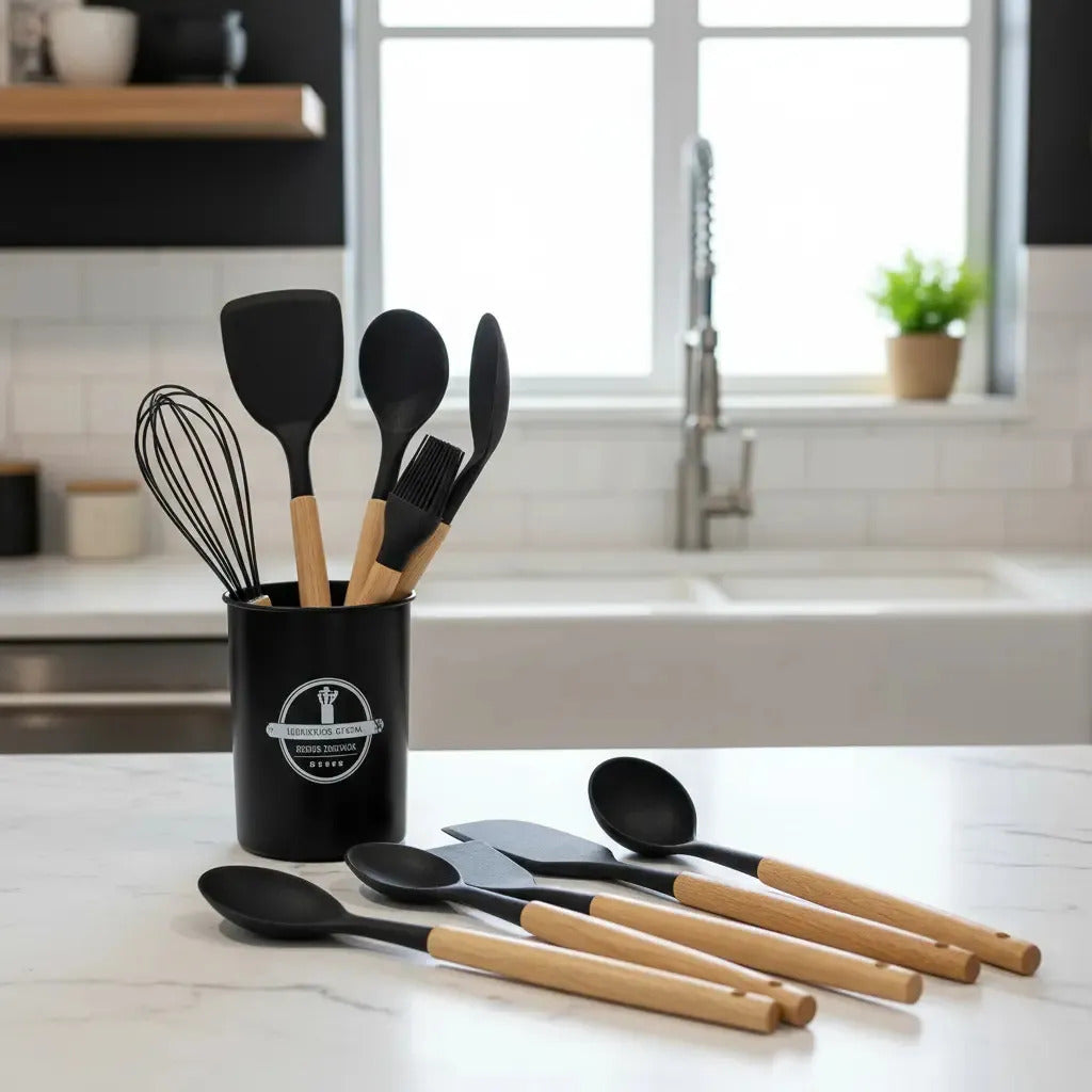 Set x7 Utensilios de Cocina Newtek Mango Madera Rojo