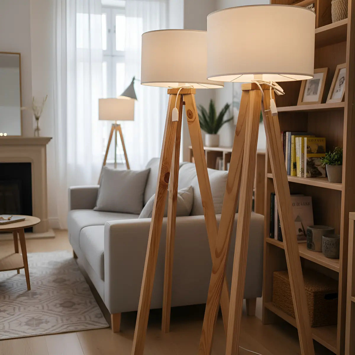 Lámpara de Pie Trípode Nórdica de Madera con Pantalla de Lino