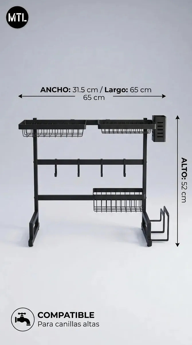 Escurridor Secaplatos MTL 65 cm Sobre Bacha 2 Niveles Negro