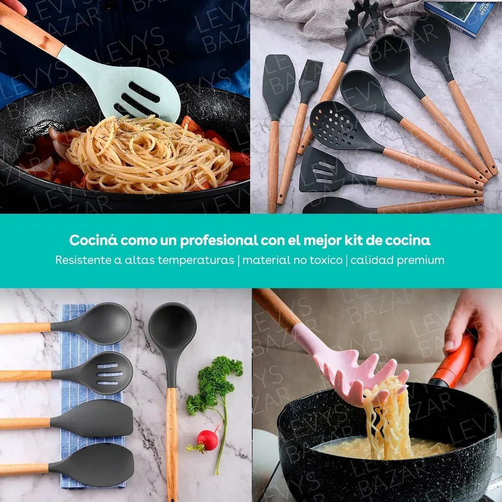 Set x12 Utensilios de Cocina Mango de Madera y Punta de Silicona