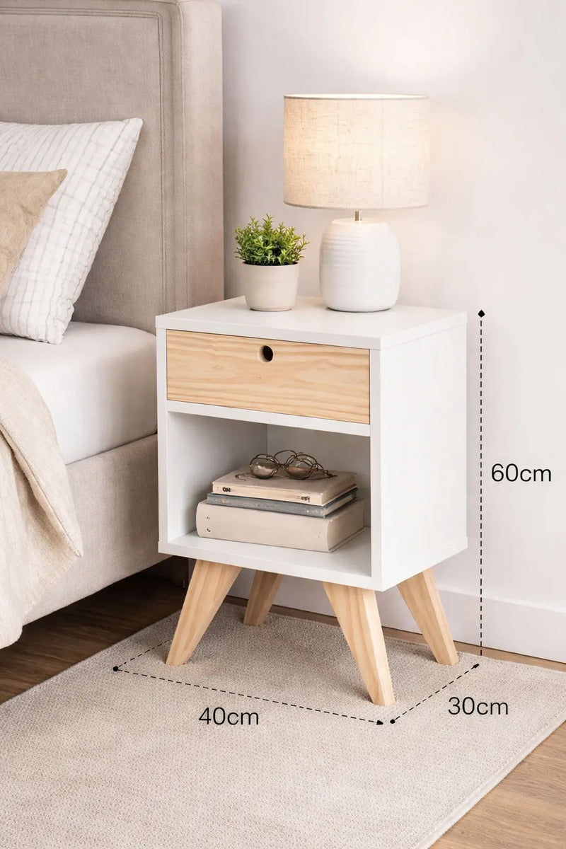 Mesa de Luz Retro Nórdica Melamina Blanca 18 mm con Cajón